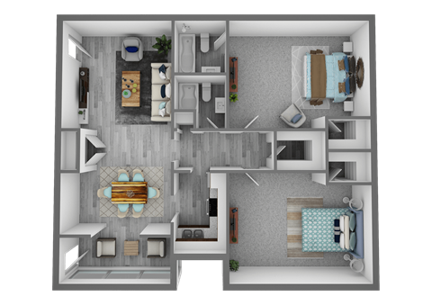 A top-down view of a house layout with a kitchen, living room, and two bedrooms.